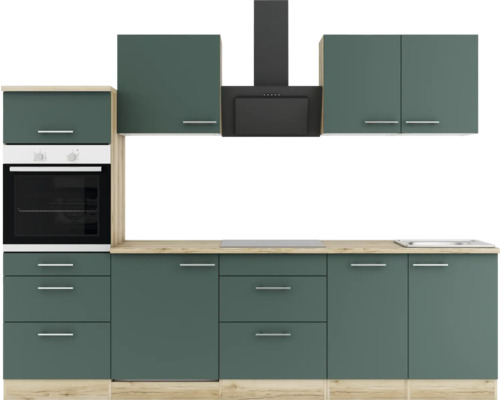 Küchenzeile mit Hängeschränken, Dunstabzugshaube und Einbaubackofen