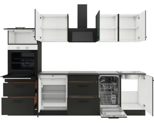 Küchenzeile mit Spüle, Geschirrspüler, Kühlschrank, Backofen, Schubladen, Hängeschränken und Dunstabzugshaube.