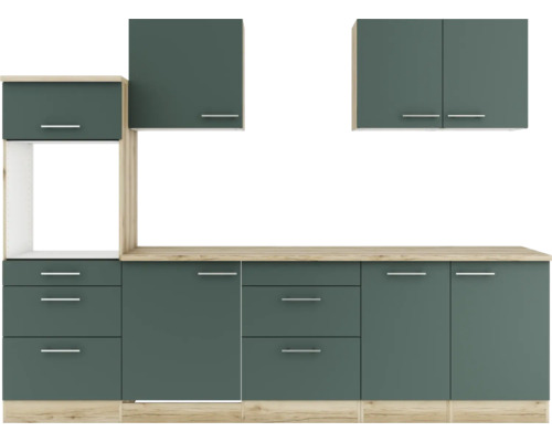 Moderne Küchenzeile mit Unterschränken, Schubladen und Hängeschränken.