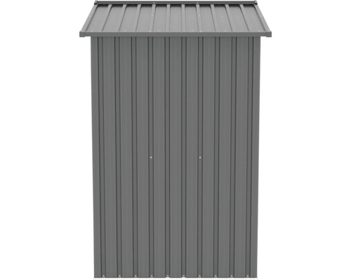 Grauer Geräteschuppen aus Metall mit Dach