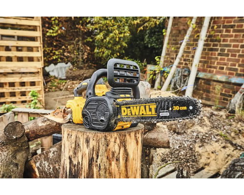 DeWalt Kettensäge mit 30 Zentimeter Schwertlänge auf Baumstumpf
