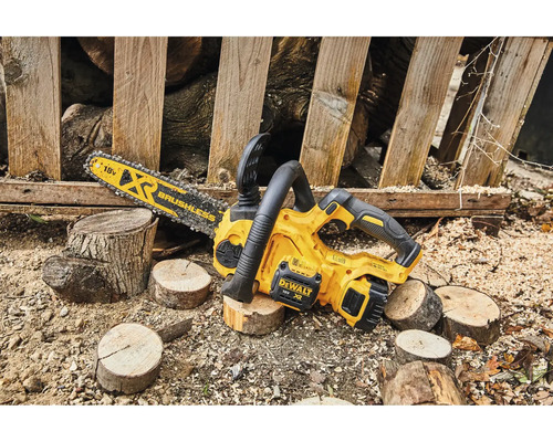 Dewalt Akku-Kettensäge mit Holzscheiten