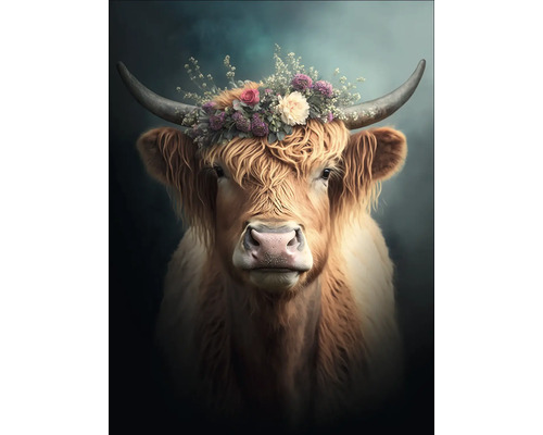 Glasbild Flower Highland Cattle 60x80 cm