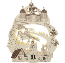 Holzfensterbild mit Schloss, Reiter, Jäger und Hütte