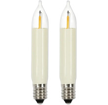 Zwei LED-Leuchtmittel in Kerzenform mit E27-Sockel.