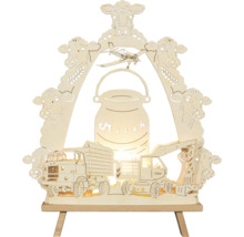 Dekorative Holzlampe mit Kuhmotiven, Flugzeug, Milchkannen und Nutzfahrzeugen auf einem Holzständer.