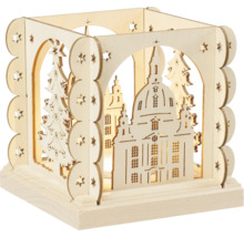 Holz Windlicht mit Gebäude und Weihnachtsbaum Motiven