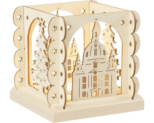 Holz Windlicht mit Gebäude und Weihnachtsbaum Motiven