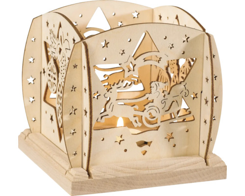 Laterne Saico Weihnachtsmann auf Schlitten Holz 12 x 12 x 13,5 cm naturbelassen Dekorative Holzlaterne mit Weihnachtsmotiv