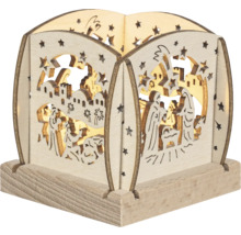 Dekorative Holzkrippe mit Beleuchtung für die Weihnachtszeit.