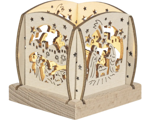 Dekorative Holzkrippe mit Beleuchtung für die Weihnachtszeit.
