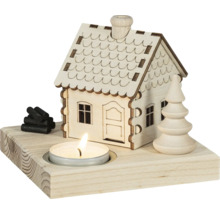 Weihnachtsdekoration aus Holz mit Hausmotiv, Tannenbaum und Teelichthalter