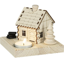Teelichthalter mit Holzhaus, Baum und Kohle