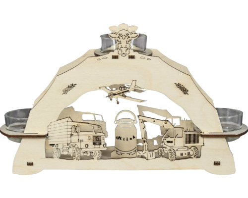 Leuchter Saico Agrar-Motiv Holz 7,5 x 24,5 x 17 cm naturbelassen Teelichthalter aus Holz mit Motiven von Fahrzeugen und Tieren