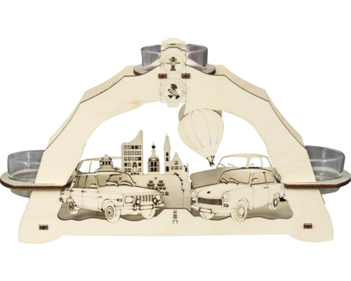 Leuchter Saico Trabant u. Wartburg für 3 Teelichter Holz 7,5 x 24,5 x 17 cm naturbelassen Holzdekoration mit Stadtmotiv, Fahrzeugen und Teelichthaltern