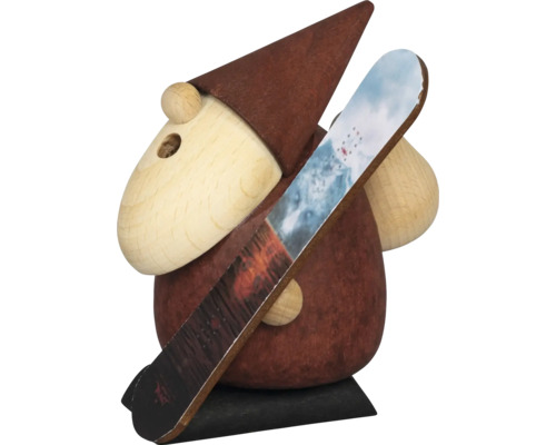 Holzfigur eines Wichtels mit Snowboard als Dekoration