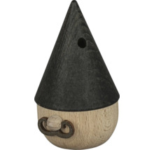 Dekoratives Holzornament mit spitzem Hut und kleinen Details