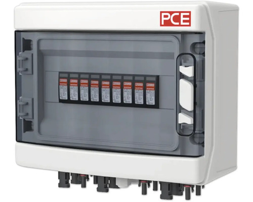 PCE Logo. Verteilerkasten mit Sicherungen für Photovoltaikanlagen.