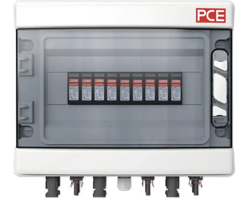 PCE PV-Box SOL-LINE Blitz- und Überspannungschutzbox für Photovoltaikanlagen PCE Logo. Verteilerkasten mit Sicherungen.