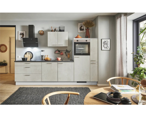 PICCANTE Plus Küchenzeile mit Geräten Casual 290 cm Frontfarbe beton weißgrau matt Korpusfarbe lichtgrau montiert Variante rechts