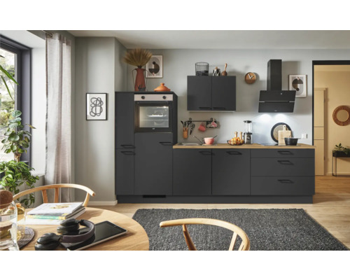 PICCANTE Plus Küchenzeile mit Geräten Sonera 290 cm Frontfarbe grafit matt Korpusfarbe graphit montiert Variante links