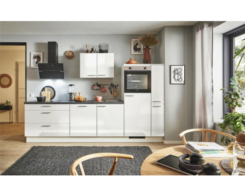 PICCANTE Plus Küchenzeile mit Geräten Pearl 290 cm Frontfarbe weiß hochglanz Korpusfarbe weiß montiert Variante rechts