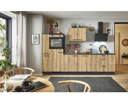 PICCANTE Plus Küchenzeile mit Geräten Casual 310 cm Frontfarbe evoke eiche matt Korpusfarbe graphit montiert Variante links