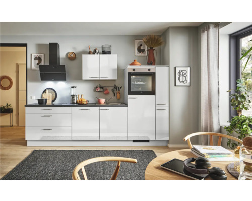 PICCANTE Plus Küchenzeile mit Geräten Pearl 300 cm Frontfarbe steingrau hochglanz Korpusfarbe lichtgrau montiert Variante rechts