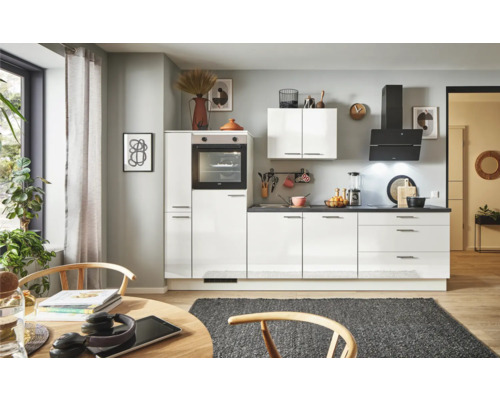 PICCANTE Plus Küchenzeile Pearl 280 cm Frontfarbe weiß hochglanz Korpusfarbe weiß montiert Variante links