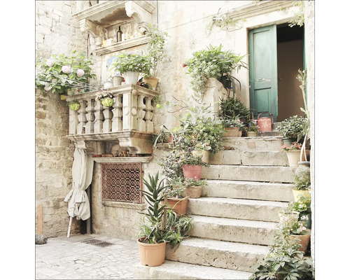 Leinwandbild Mediterranean House I 40x40 cm Dekorativer Hauseingang mit Treppe und vielen Blumentöpfen