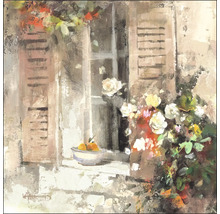 Gemälde einer Fensteransicht mit Blumen und Früchten