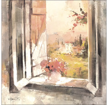 Gemälde mit Fenster, Blumen und Landschaft