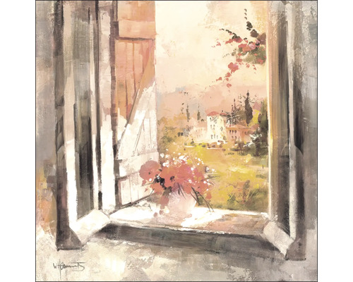 Leinwandbild Tuscan Garden I 40x40 cm Gemälde mit Fenster, Blumen und Landschaft