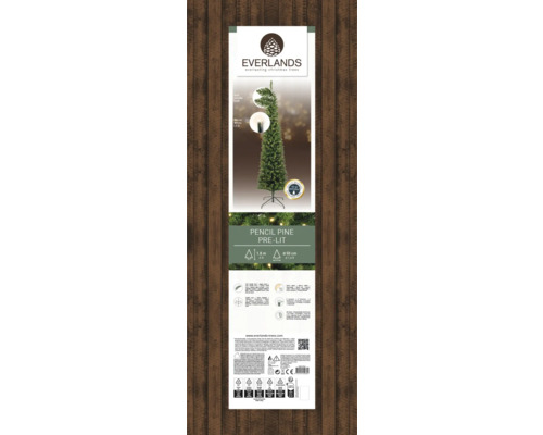 Verpackung einer schlanken, beleuchteten, künstlichen Everlands-Kiefer mit einer Höhe von 1,8 Metern