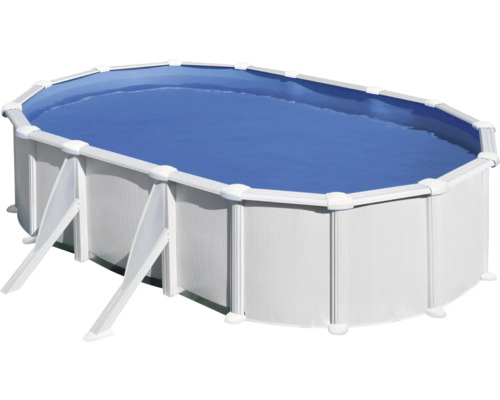 Aufstellpool Stahlwandpool-Set Gre oval 527x500x132 cm inkl. Sandfilteranlage, Skimmer, Leiter, Filtersand & Bodenschutzvlies weiß Ovaler Swimmingpool mit Stahlwand und blauer Wasseroberfläche