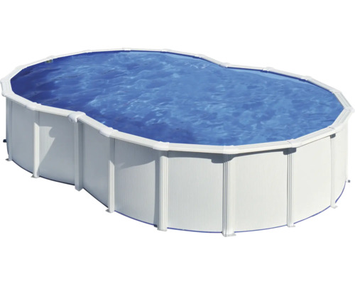Ovaler Swimmingpool mit Stahlwand und gefülltem Wasser