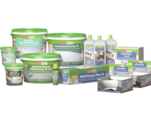Lugato Protekt Produktreihe mit Flüssigbeschichtung, Dachabdichtung, Multifunktionsabdichtung, Reparatur Dichtmasse, Dekor Ferchips, Abdichtungs Vlies und Stoßfugenband