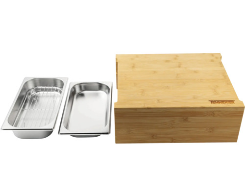 Edelstahlbehälter mit Grillrost und Bambus Schneidebrett