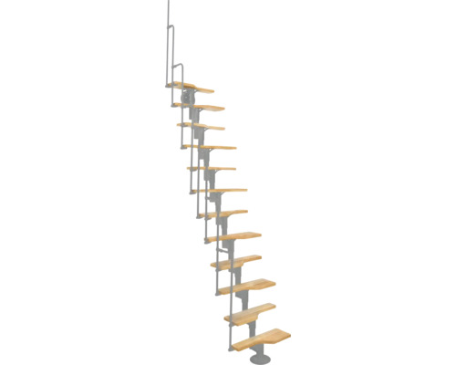 Pertura Mittelholmtreppe Raumspartreppe Eos Silber variabel 1/4 gewendelt unten links/rechts Gerade 63 cm Stabgeländer Buche Leimholz Lackiert 11 Stufen / 12 Steigungen Raumspartreppe mit Holzstufen und Metallgeländer