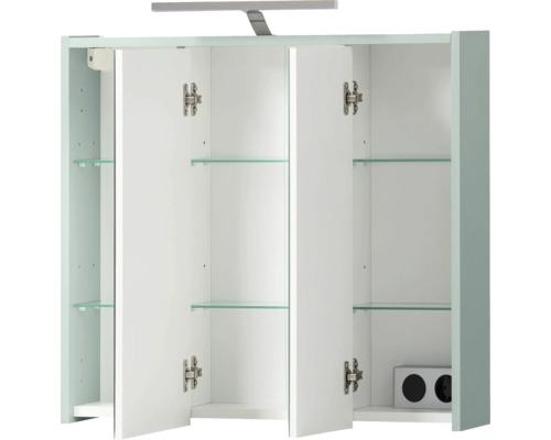 Offener Spiegelschrank mit Glasregalen und Beleuchtung