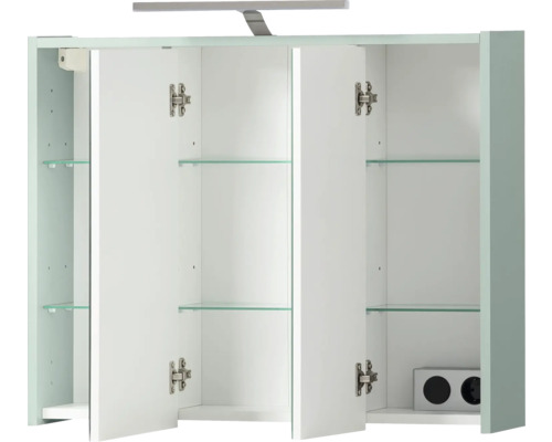 Offener Spiegelschrank mit Glasböden und Beleuchtung