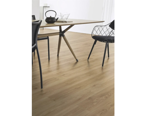 Szene mit Laminatboden, Esstisch und Stühlen.