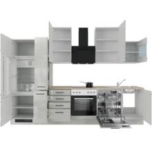 Moderne Küche mit weißen Schränken, schwarzer Dunstabzugshaube und eingebauten Geräten