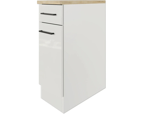 Weißer Unterschrank mit zwei Schubladen und einer Holzplatte