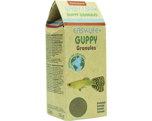 Flockenfutter Easy Life Guppy Granulat Hauptfutter für alle Guppy und lebendgebärende Fische , Verpackung aus 100 % Papier 250 ml
