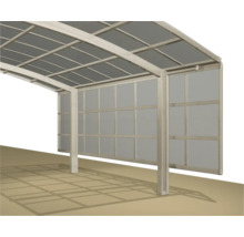 Carport mit transluzenten Wänden zum Schutz von Fahrzeugen vor Witterungseinflüssen.