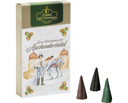 Original Crottendorfer Räucherkerzen Drei Haselnüsse für Aschenbrödel in einer Verpackung mit drei Räucherkerzen