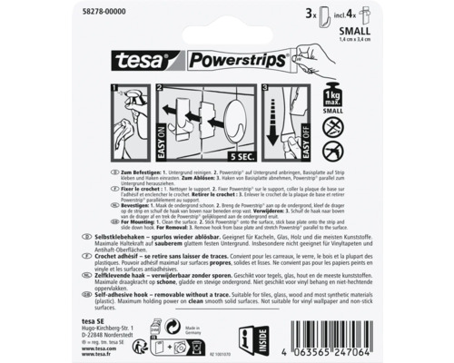 Tesa Powerstrips, drei Haken inklusive vier Klebestreifen, kleine Größe