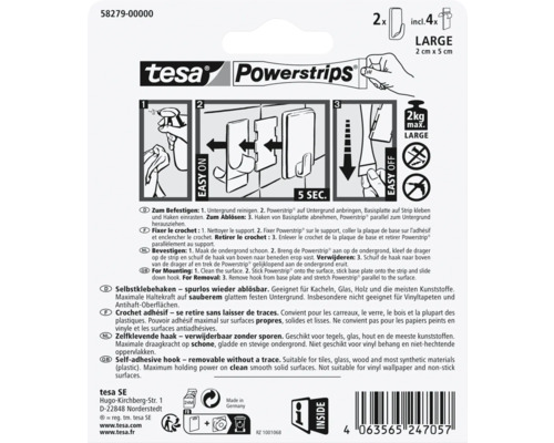 Tesa Powerstrips Haken, zwei Stück, inklusive vier Klebestreifen, große Ausführung