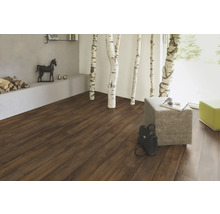 Wohnzimmer mit Laminatboden in Holzoptik, Birkenstämmen und Dekoration